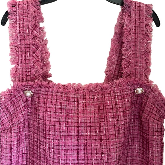 Entro Pink Tweed Medium Mini Dress. Frayed Straps and Square Neckline. NWOT. - Picture 2 of 3